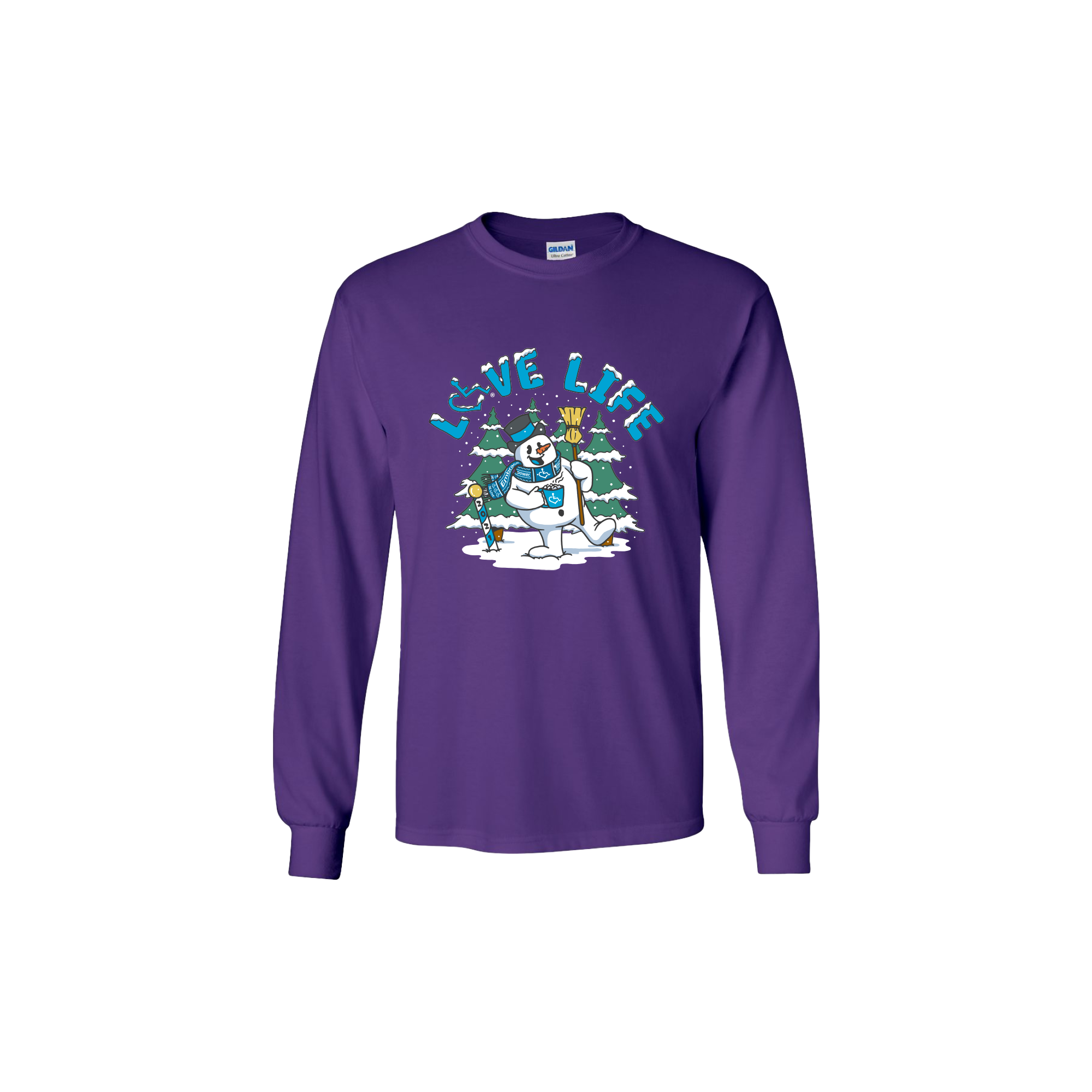 2021's limited edition long-sleeve t-shirt holiday design features a jolly snowman sporting a 3E Love knit scarf and holding a warm mug of hot cocoa