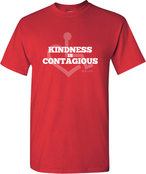 Red KINDNESS Tee. Tell everyone that you embrace and love life. Spread the conversation of social acceptance of disability with this t-shirt. Our trademarked International Symbol of Acceptance ("wheelchair heart symbol") sits behind the phrase Kindness is Contagious boldly displayed on your chest.