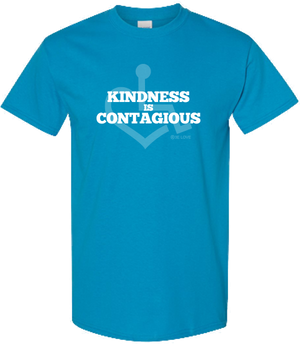 Sapphire KINDNESS Tee. Tell everyone that you embrace and love life. Spread the conversation of social acceptance of disability with this t-shirt. Our trademarked International Symbol of Acceptance ("wheelchair heart symbol") sits behind the phrase Kindness is Contagious boldly displayed on your chest.
