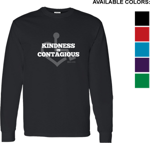 KINDNESS Long Sleeve T-shirt. Tell everyone how proud you are to embrace and love life. Spread the conversation of social acceptance of disability with this long sleeve t-shirt. Our trademarked International Symbol of Acceptance ("wheelchair heart symbol") sits behind the phrase Kindness is Contagious boldly displayed on your chest.