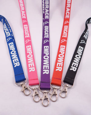 Start conversations of acceptance at work or school with our brand new lanyard! Great for your identification badge or keys. Lanyards feature our International Symbol of Acceptance ("wheelchair heart symbol") and the three E's, Embrace, Educate and Empower.