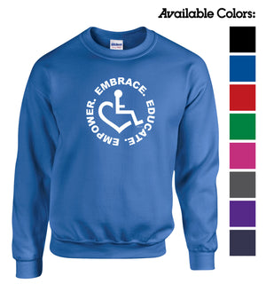 Our trademarked International Symbol of Acceptance ("wheelchair heart symbol") is center chest with our 3E's "Embrace. Educate. Empower." surrounding it in a circle.