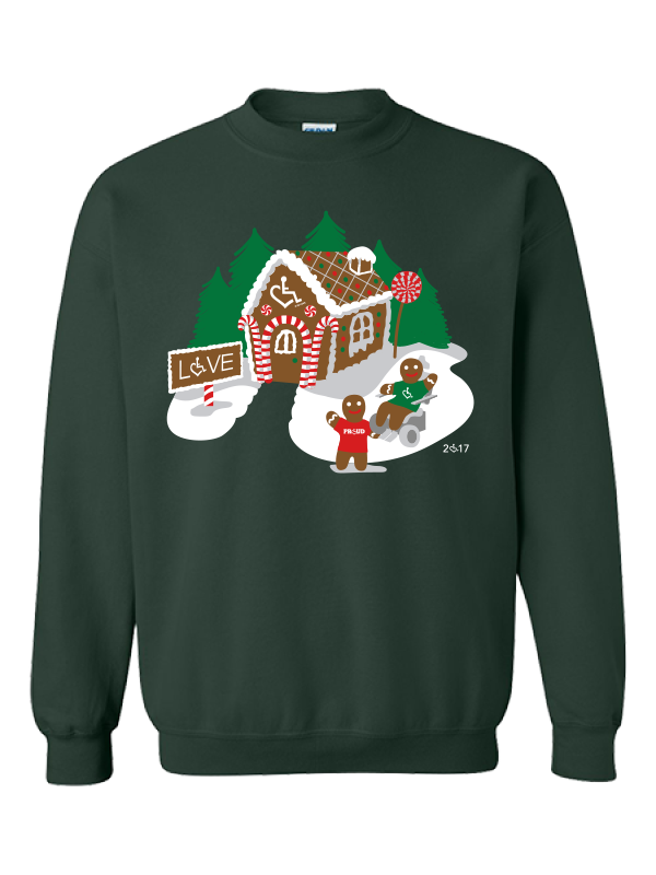 2017's limited edition holiday crewneck features a 3E Love gingerbread house and family!