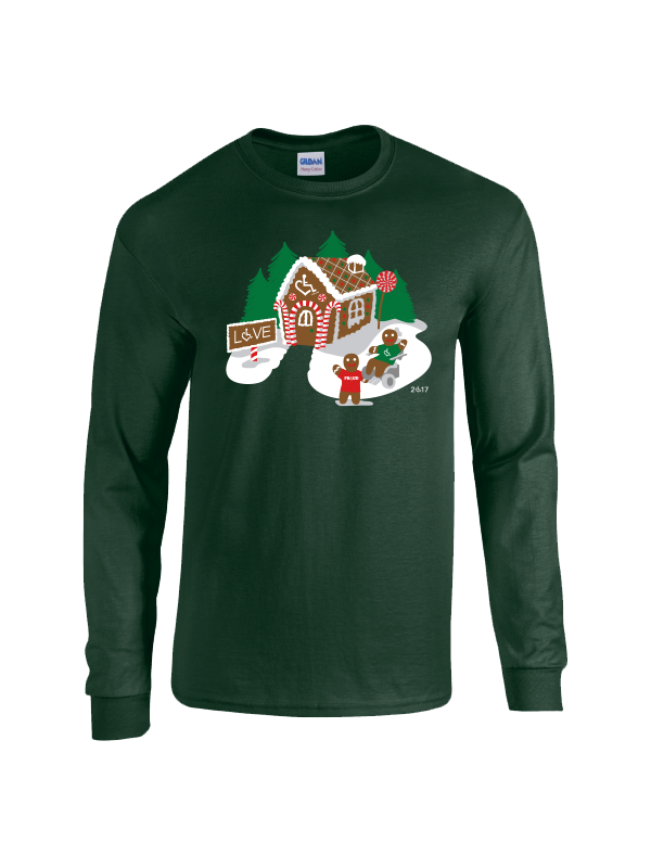 2017's limited edition holiday long sleeve tee features a 3E Love gingerbread house and family!