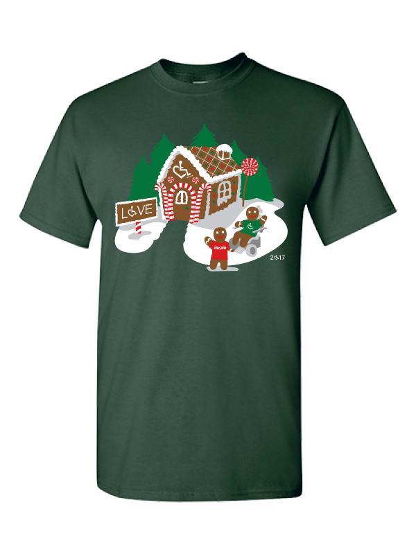2017's limited edition holiday tee features a 3E Love gingerbread house and family!