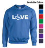 LOVE Crewneck Sweatshirt. Tell everyone how proud you are to embrace and love life. Spread the conversation of social acceptance of disability with this crewneck sweatshirt. Our trademarked International Symbol of Acceptance (""wheelchair heart symbol"") replaces the O in the word LOVE boldly displayed on your chest.