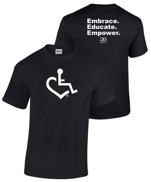 Black Wheelchair Heart Tee. Tell everyone that you embrace and love life. Spread the conversation of social acceptance of disability with this t-shirt. Our trademarked International Symbol of Acceptance ("wheelchair heart symbol") is proudly displayed on the front. The 3 E's are displayed on the back.