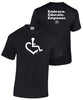 Black Wheelchair Heart Tee. Tell everyone that you embrace and love life. Spread the conversation of social acceptance of disability with this t-shirt. Our trademarked International Symbol of Acceptance ("wheelchair heart symbol") is proudly displayed on the front. The 3 E's are displayed on the back.