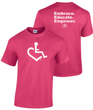 Our trademarked International Symbol of Acceptance ("wheelchair heart symbol") is proudly displayed on the front.