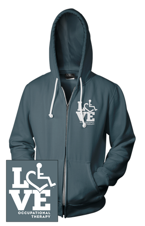 Asphalt hooded zip-up. Our trademarked International Symbol of Acceptance ("wheelchair heart symbol") is featured proudly on your item