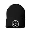 Black knit beanie hat w/ cuff featuring our Circle of 3E Love embroidered with white threads!