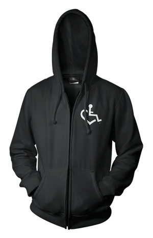 Black Heart Hooded Zip-Up. Tell everyone that you embrace and love life. Spread the conversation of social acceptance of disability with this hooded pullover!. Our trademarked International Symbol of Acceptance ("wheelchair heart symbol") boldly displayed over your heart.