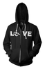 Black LOVE Hooded Zip-Up. Tell everyone that you embrace and love life. Spread the conversation of social acceptance of disability with this hooded zip-up. Our trademarked International Symbol of Acceptance ("wheelchair heart symbol") replaces the O in the word LOVE boldly displayed on your chest.