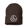 Brown knit beanie hat w/ cuff featuring our Circle of 3E Love embroidered with white threads!