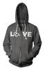 Asphalt LOVE Hooded Zip-Up. Tell everyone that you embrace and love life. Spread the conversation of social acceptance of disability with this hooded zip-up. Our trademarked International Symbol of Acceptance ("wheelchair heart symbol") replaces the O in the word LOVE boldly displayed on your chest.