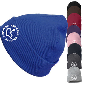 Adult knit beanie hat w/ cuff featuring our Circle of 3E Love embroidered with white threads! 