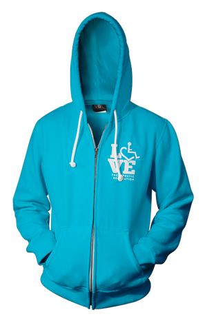 Tell everyone how proud you are to embrace and love life. Spread the conversation of social acceptance of disability with this hooded zip-up. Our trademarked International Symbol of Acceptance ("wheelchair heart symbol") is featured proudly on your item