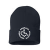 Navy knit beanie hat w/ cuff featuring our Circle of 3E Love embroidered with white threads!