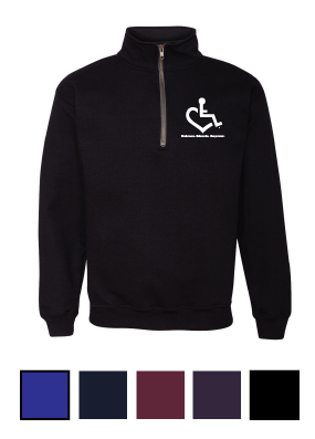 Tell everyone how proud you are to embrace and love life. Spread the conversation of social acceptance of disability with this quarter zip. Our trademarked International Symbol of Acceptance ("wheelchair heart symbol") sits above our 3E's "Embrace, Educate, Empower"