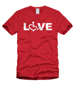 Red LOVE Tee. Tell everyone that you embrace and love life. Spread the conversation of social acceptance of disability with this t-shirt. Our trademarked International Symbol of Acceptance ("wheelchair heart symbol") replaces the O in the word LOVE boldly displayed on your chest.